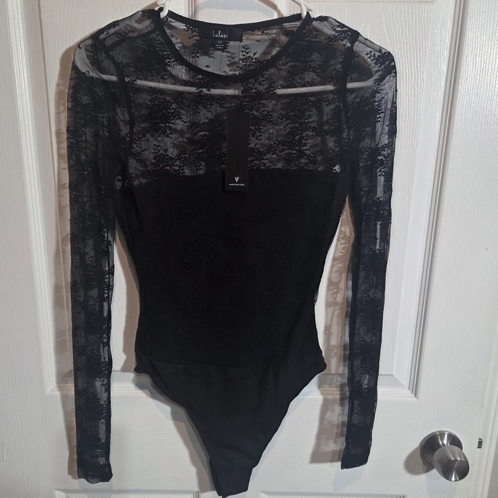Lulus Elegant Sheer Black Lace Bodysuit